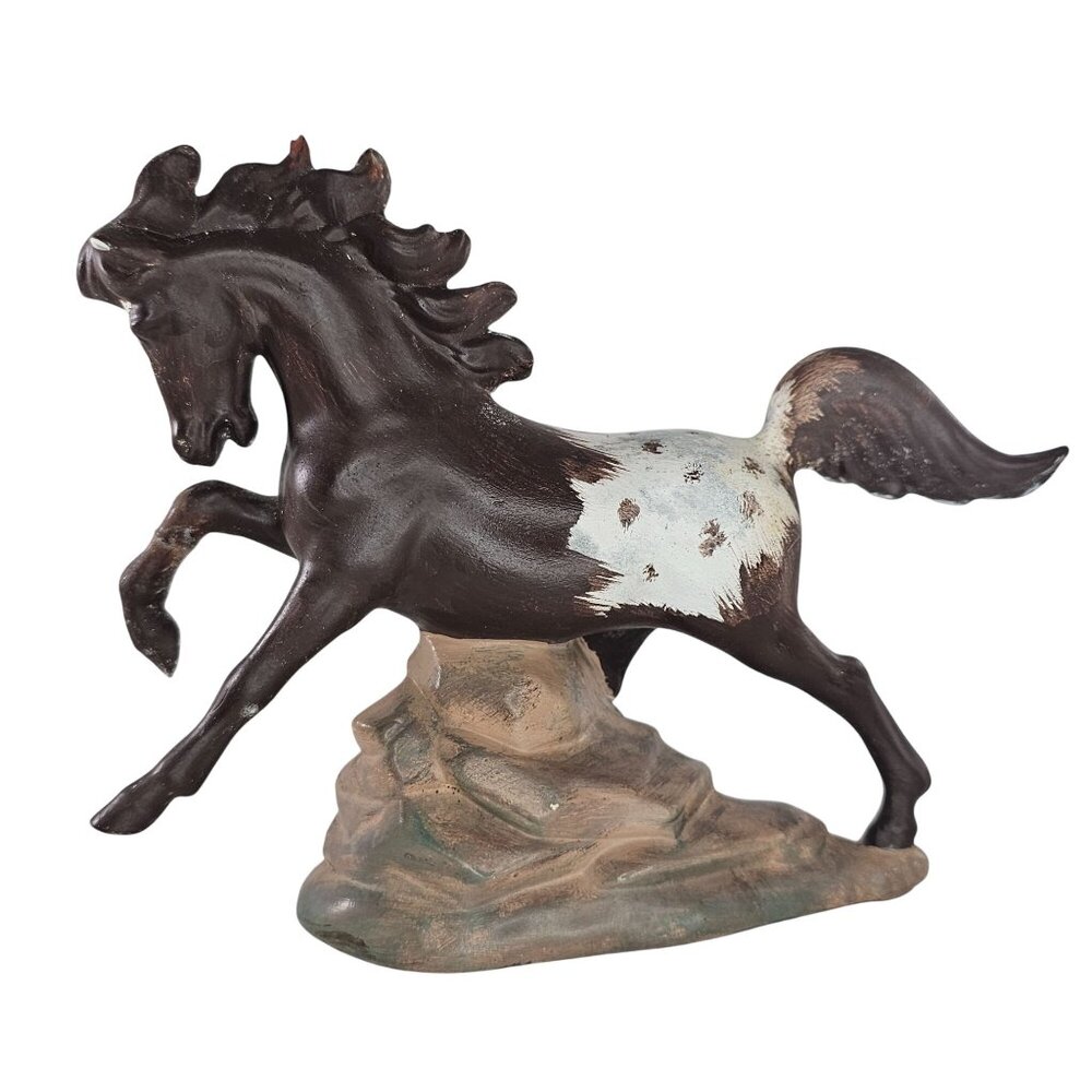 Vintage Ceramic Brown Appaloosa Horse Figurine Rock Base Decorative *Repaired*